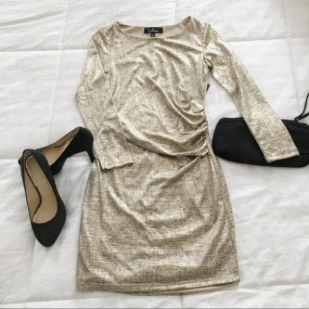 Lulus Long Sleeve Gold Dress New Years party holiday shimmer NWT - Picture 4 of 6